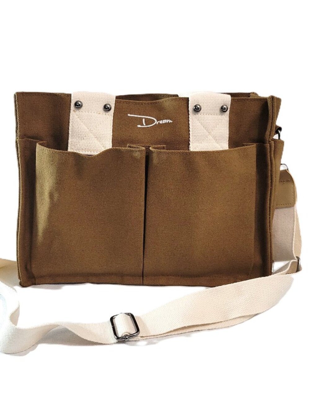 Dream Multi-Pocket Canvas Utility Bag Brown Cream Crossbody Studio Tote